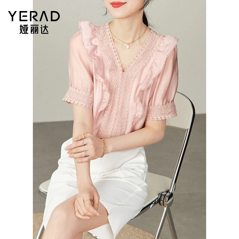 娅丽达蕾丝衬衫女2025夏设计感宫廷风洋莱赛尔气镂空薄款气质上衣