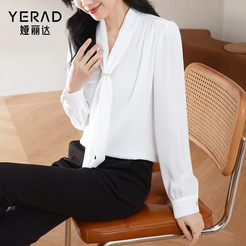 娅丽达女装2024春通勤小众飘带百搭气质时尚法式韩版白色长袖衬衫