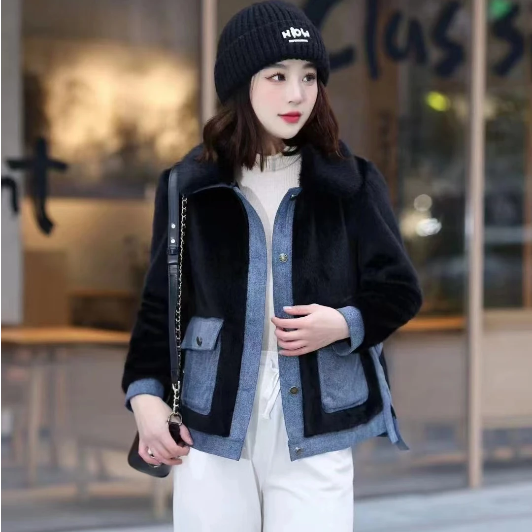 【F1278】24款休闲时尚网红小香风拼接牛仔雪貂外套女士
