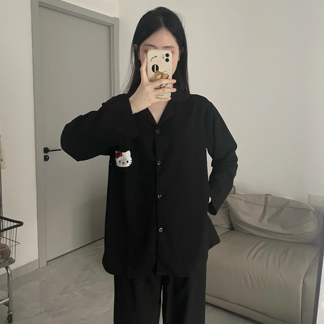 方小芝 黑色套装纯棉长袖宽松家居服慵懒休闲可外穿