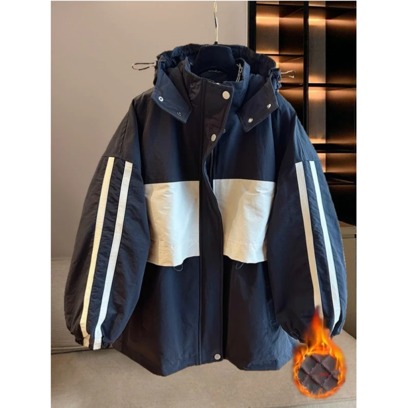 微胖妹妹200斤夹棉夹克冲锋衣短外套女秋冬爆款韩版拼接加厚棉服