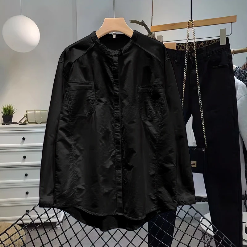 小众高级感黑色女士衬衣2025春秋季爆款水洗棉双口袋设计感衬衫