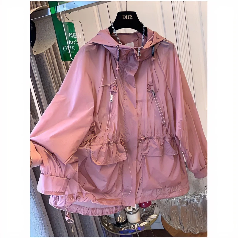 UPF50+胖mm抽绳收腰休闲减龄防晒服女夏季薄款户外连帽轻薄防晒衣