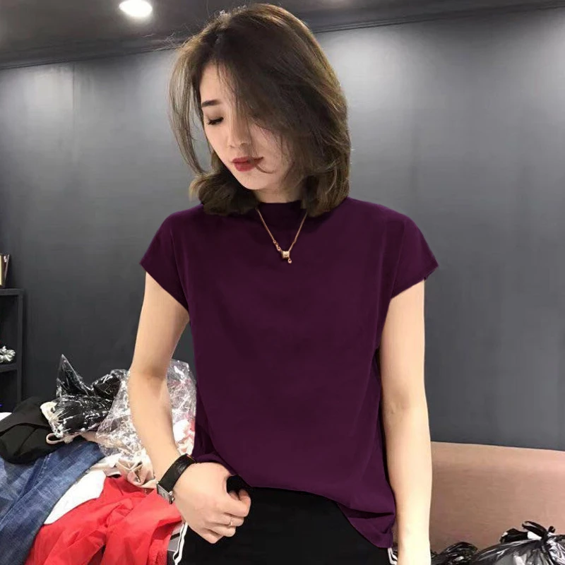 冰丝针织衫女短袖T恤薄款修身欧洲站2025新款夏季宽松半高领上衣