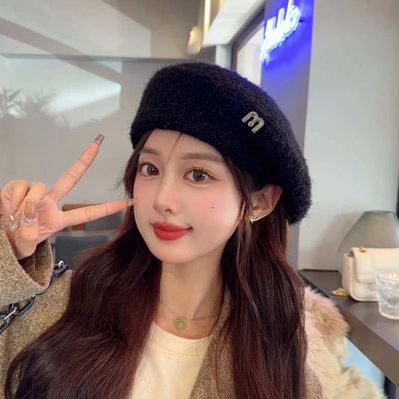 贝雷帽子女秋冬日系显脸小画家帽潮2023新款冬季大头围黑色
