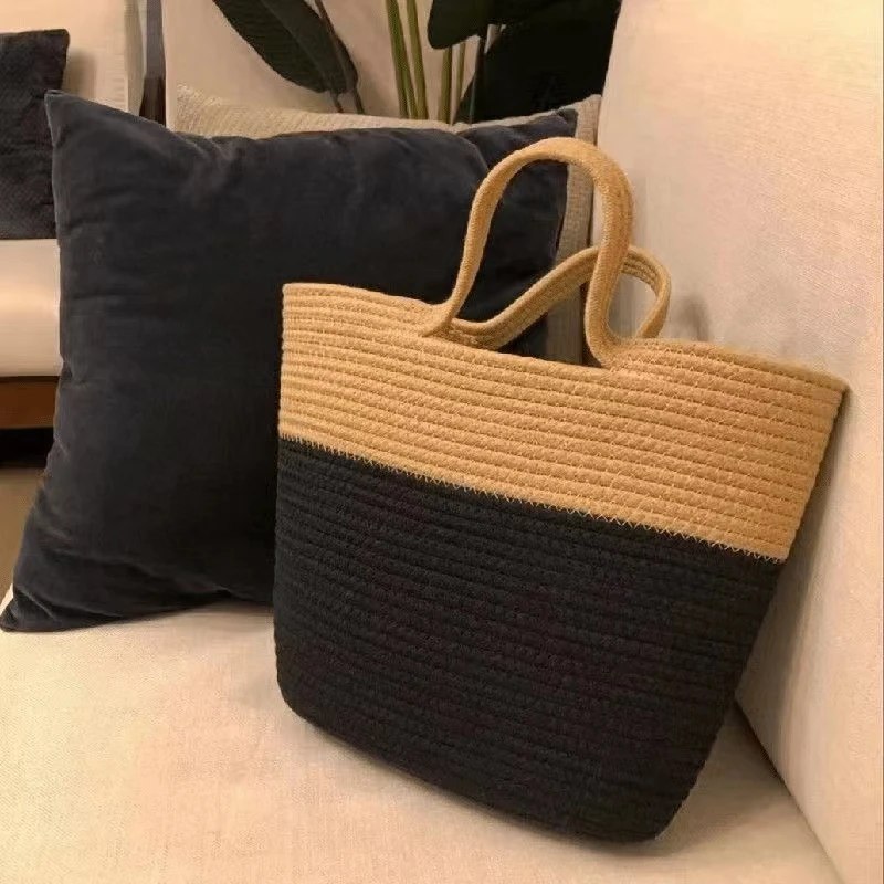 韩国ins复古手提小包包女新款潮编织撞色篮子包大容量度假包