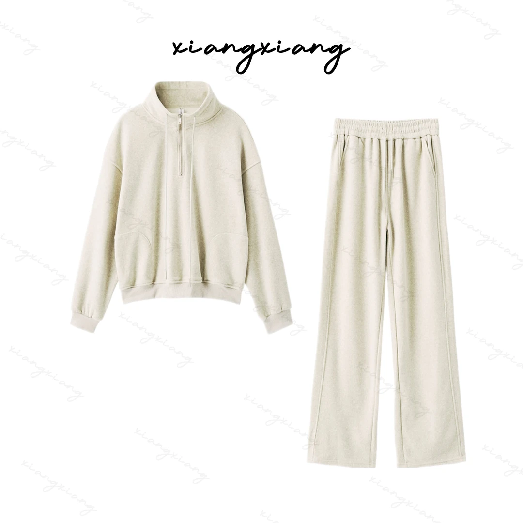 【香香专属】半开拉链加绒卫衣+高腰阔腿裤两件休闲运动套装WY5341