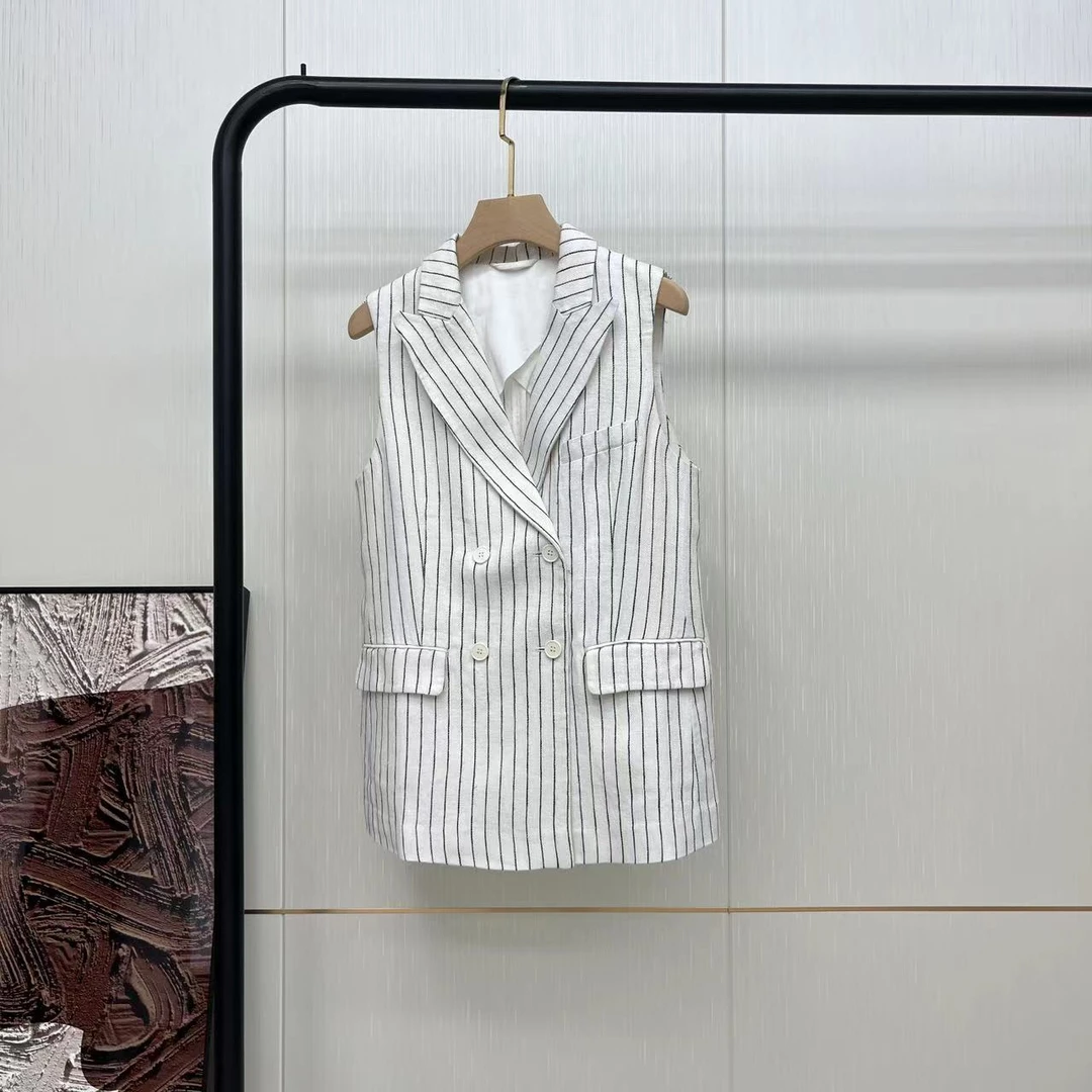 双排扣亚麻条纹马甲外套YS2301200