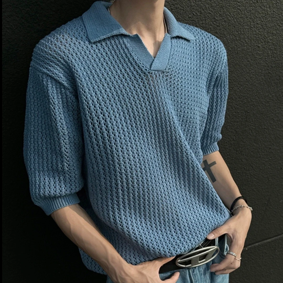 针织短袖男士夏季美式高街POLO衫翻领半袖上衣高级感痞帅套头t恤