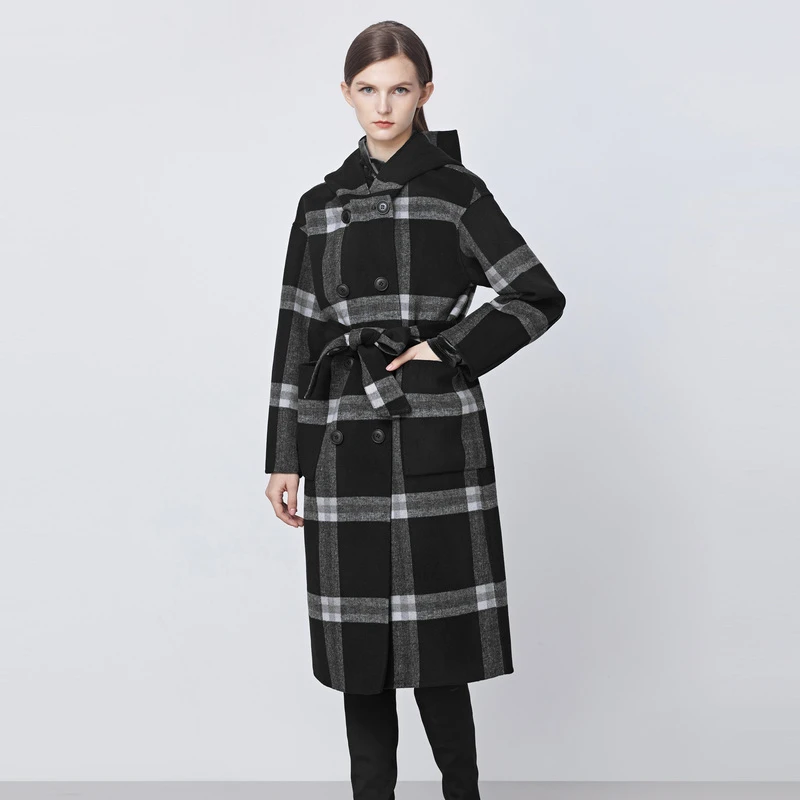 S·DEER圣迪奥时尚连帽毛呢中长款格子双面呢格纹风衣S21481825