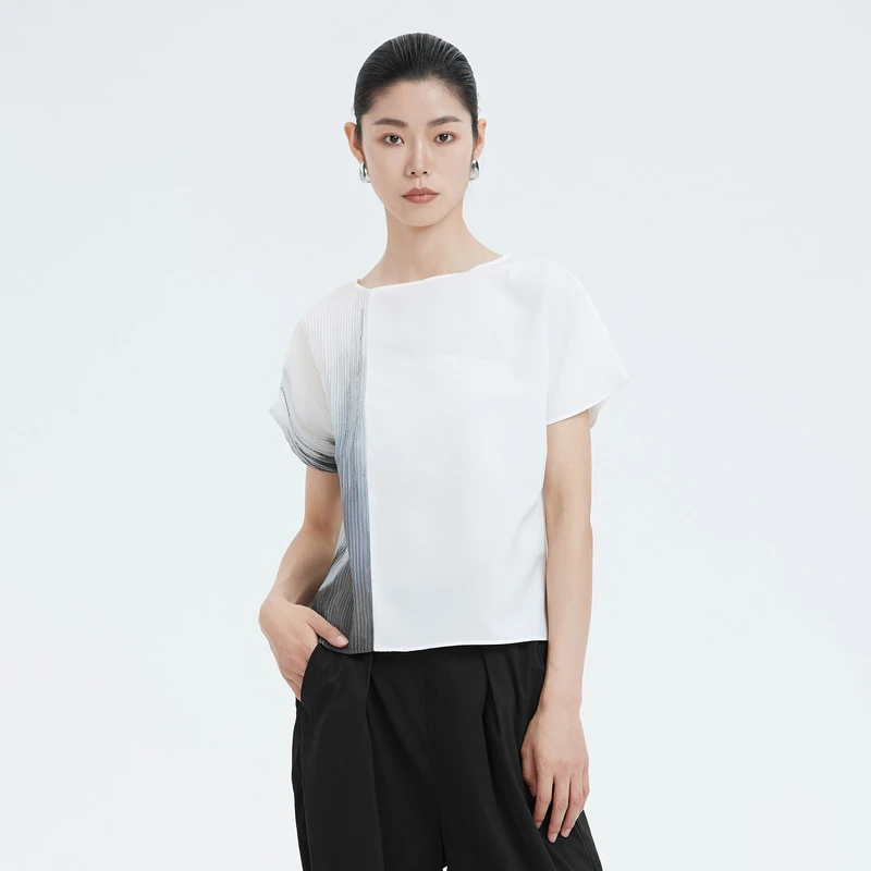 S·DEER圣迪奥女装时尚休闲百搭宽松夏季晕染肌理拼接T恤S20280180