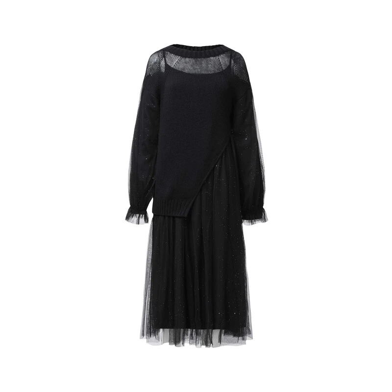 圣迪奥设计师黑色气质针织百搭秋冬长款时尚显瘦连衣裙S224Z1254