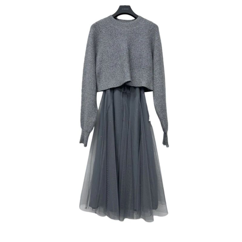 圣迪奥圆领针织蕾丝百搭显瘦通勤休闲气质时尚女装套裙S223Z1481