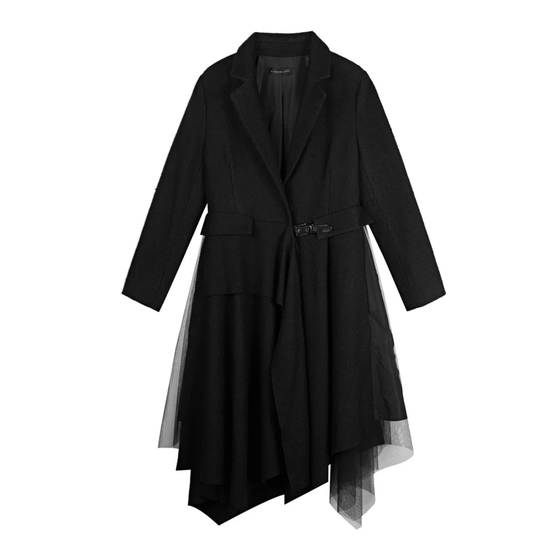 圣迪奥显瘦收腰时尚气质通勤西装领网纱拼接不规则风衣S20481831