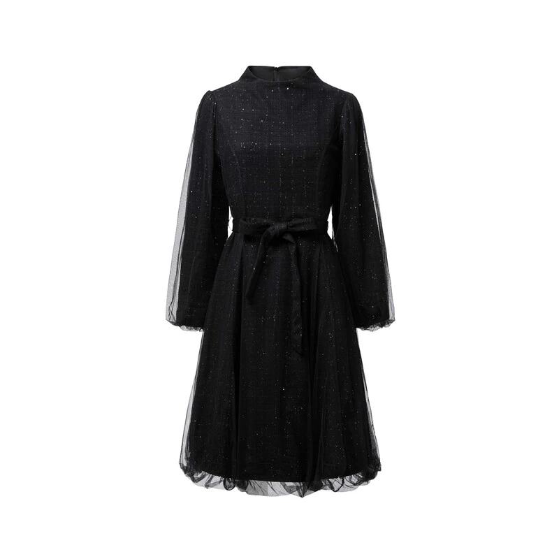 sdeer圣迪奥时尚气质百搭休闲立领收腰网纱长袖连衣裙S224Z1273