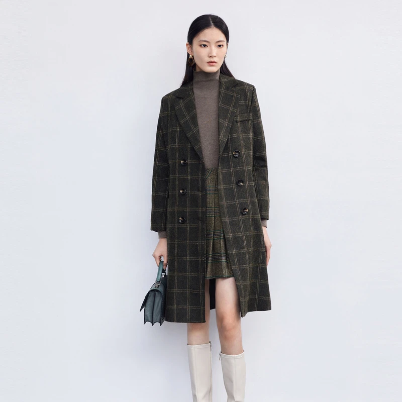 S·DEER圣迪奥女装时尚西装领格子双排扣中长款毛呢外套S224Z2512