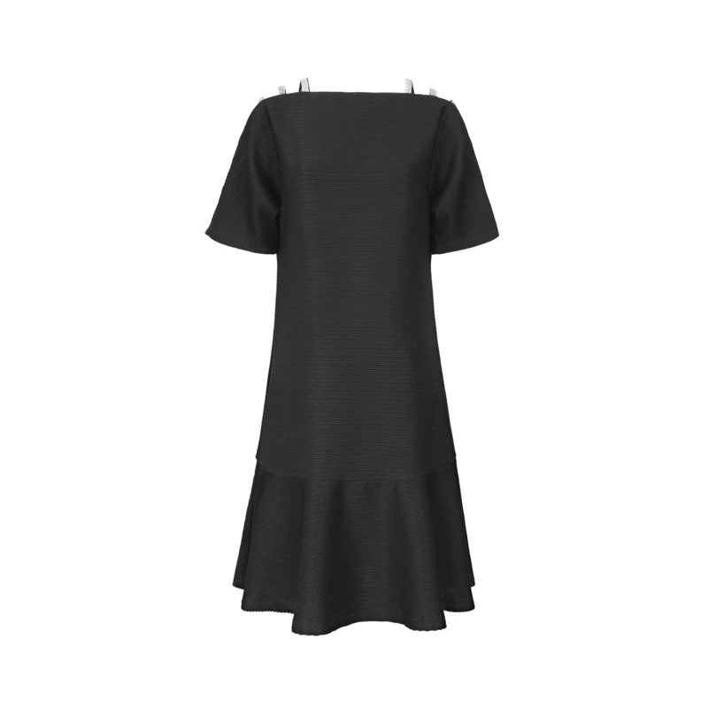 sdeer圣迪奥夏季黑色时尚轻奢设计师肌理褶皱拼接连衣裙S222Z1261