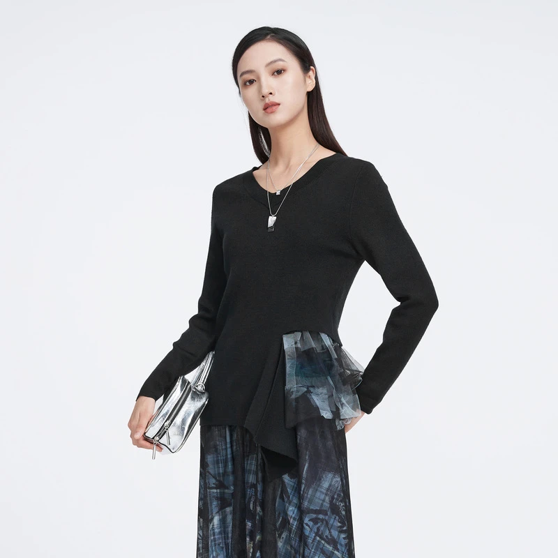 S·DEER圣迪奥女装春季时尚罗纹V领晕染网纱长袖针织衫S221Z3531