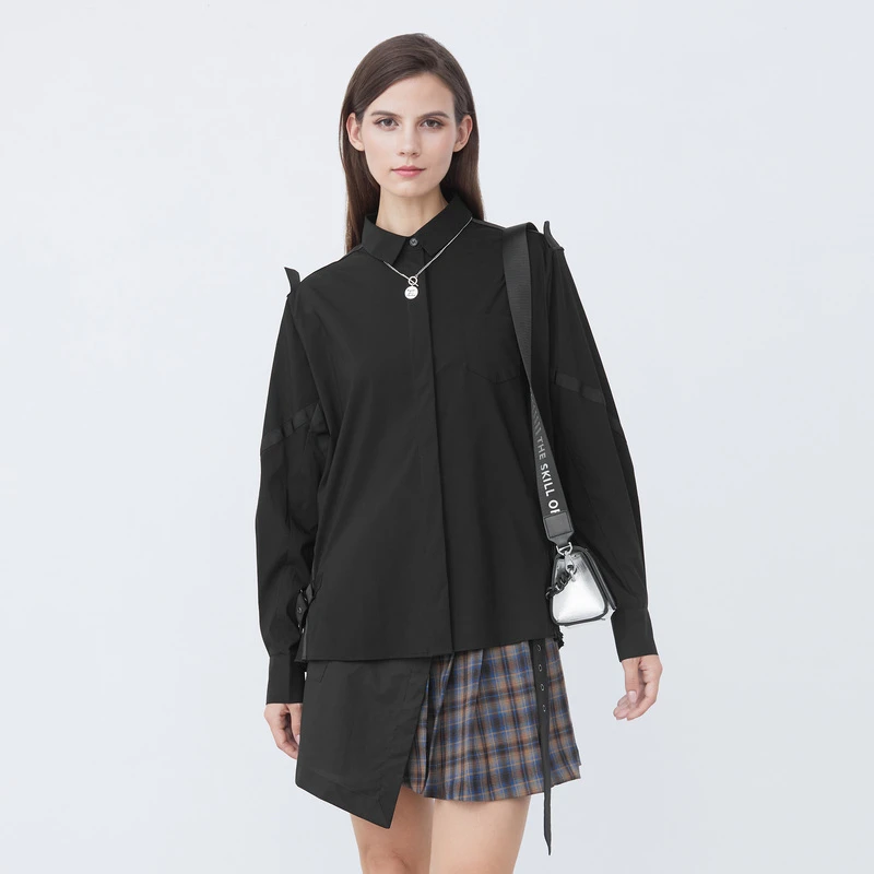 sdeer圣迪奥女装时尚休闲百搭翻领织带拼接黑色长袖衬衫S21380503