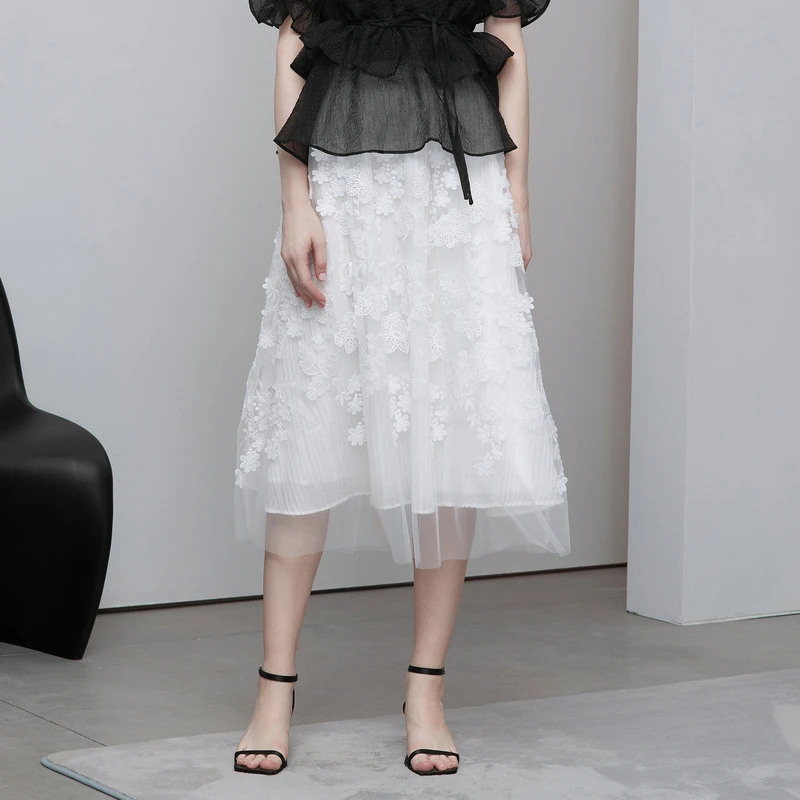 sdeer圣迪奥高腰显瘦网纱时尚蕾丝气质甜美中长款半身裙S222Z11B3