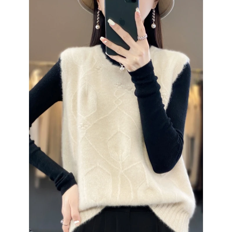 秋季纯羊毛马甲女士圆领宽松针织无袖坎肩纯色时尚百搭马夹上衣