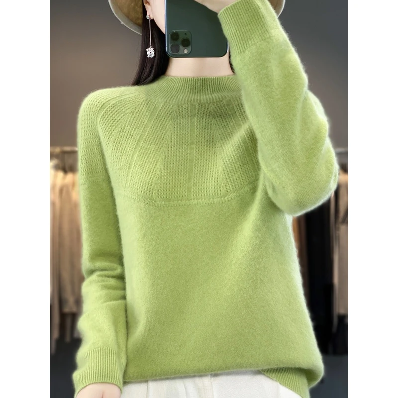 100%纯羊毛衫女半高领套头宽松毛衣秋冬新款时尚百搭针织打底衫