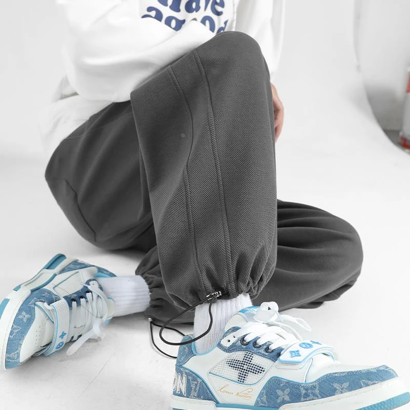 抽绳裤子春秋男宽松直筒休闲裤束脚灰色卫裤男生阔腿裤新款运动裤
