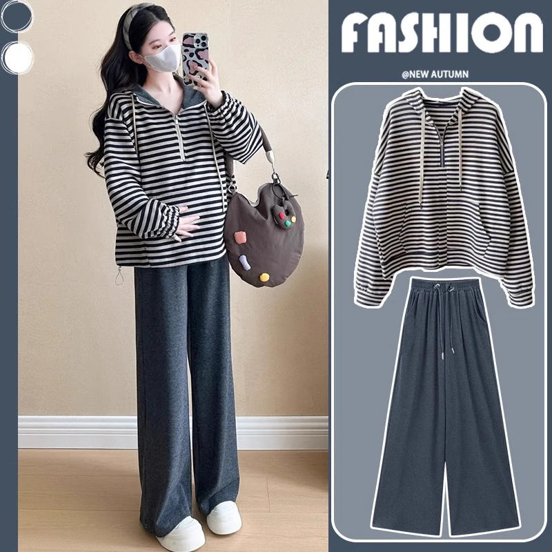 孕妇装秋季时尚2024新款条纹卫衣休闲阔腿裤产检两件套秋冬季上衣