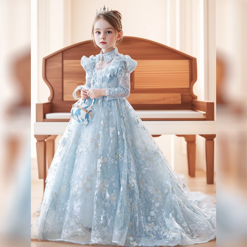 蓝色女童礼服小拖尾女孩模特走秀花童小主持人钢琴演奏儿童公主裙