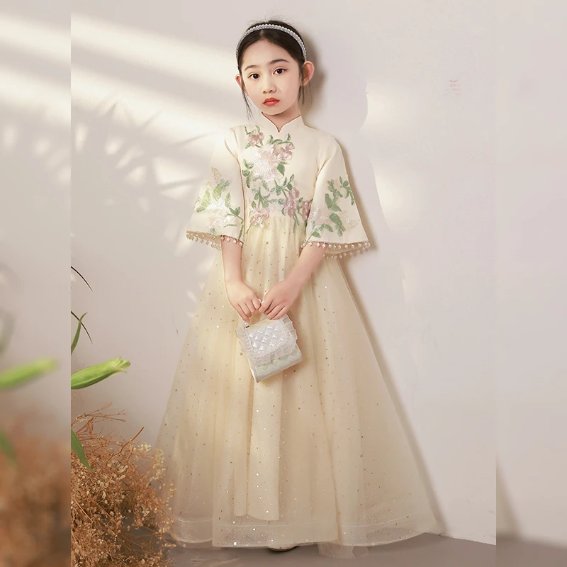 儿童女礼服中式夏季新款气质复古生日蓬蓬纱主持人晚礼服宴会长款