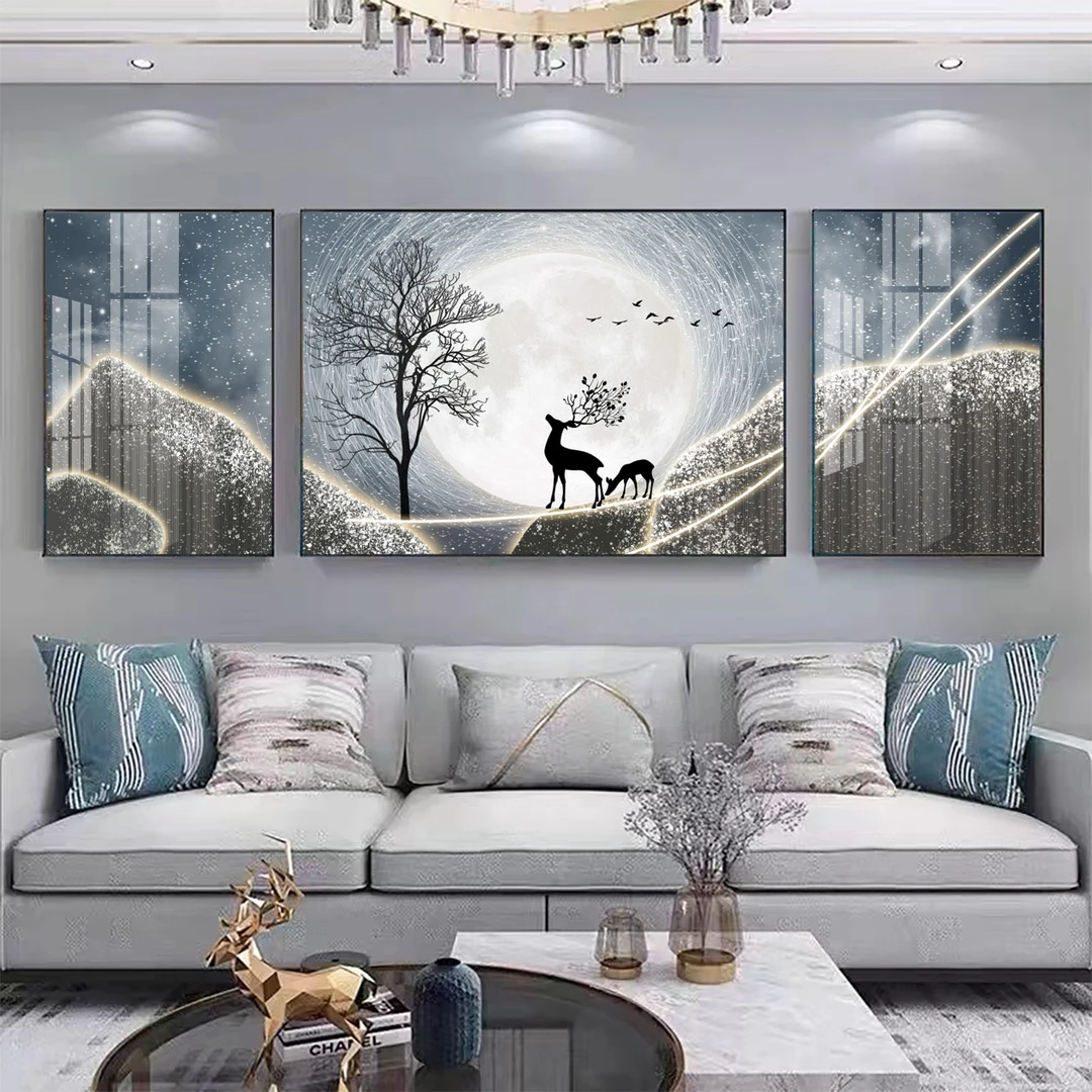 星空麋鹿客厅装饰画轻奢高端沙发背景墙墙壁三联挂画晶瓷壁画