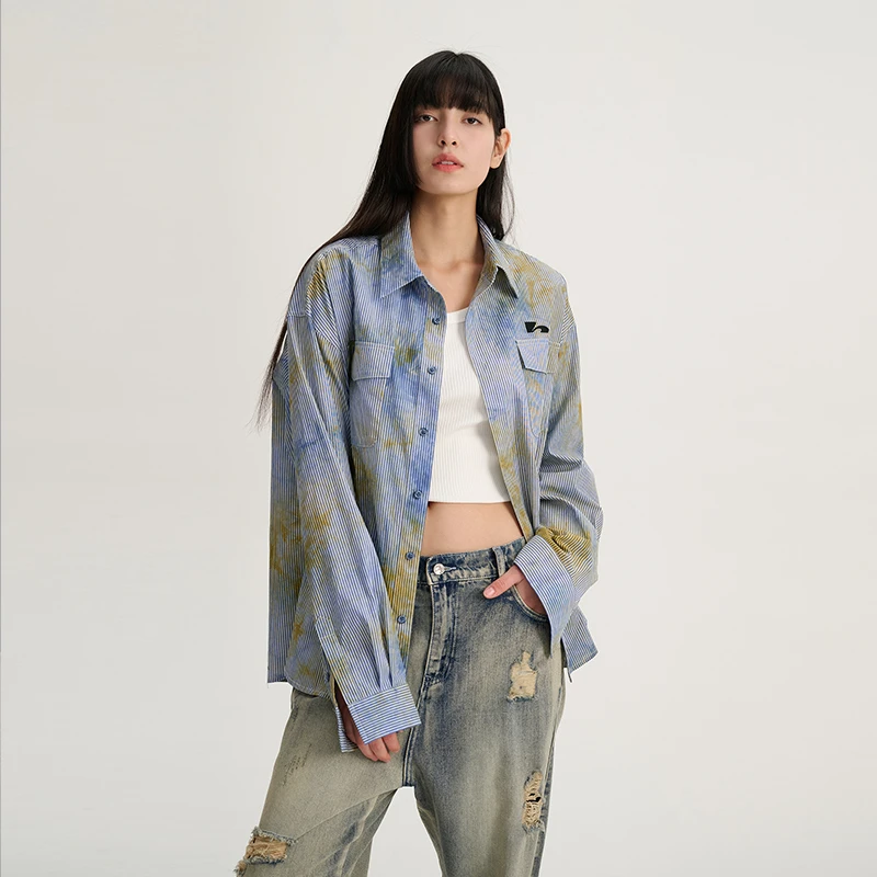 HeartBoon 扎染条纹复古衬衫外套男女日系宽松长袖衬衣 HB7C082