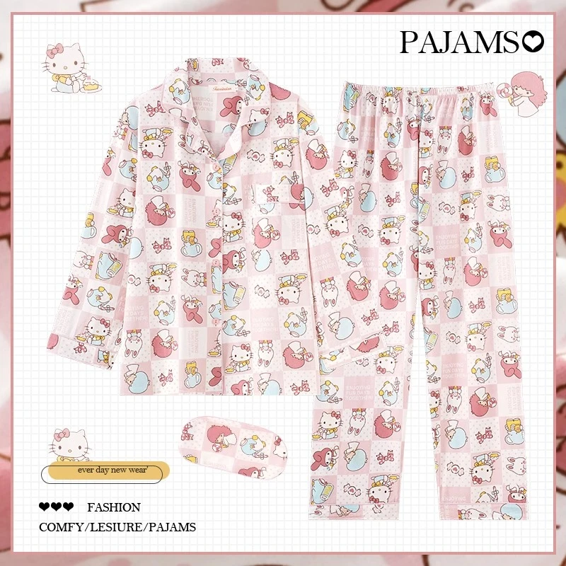 hellokitty睡衣纯棉长袖薄款家居服套装宽松女士全棉春秋季高颜值
