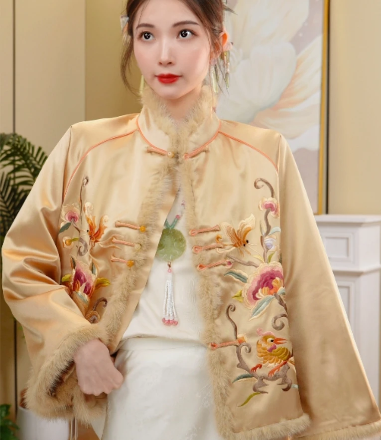 锦尚韵【金堂世家】毛领丝棉服新中式重工刺绣上衣2024c7085-璐璐