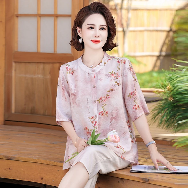 妈妈夏装短袖t恤气质减龄洋气小衫2024夏季新款时尚天丝麻衬衫女