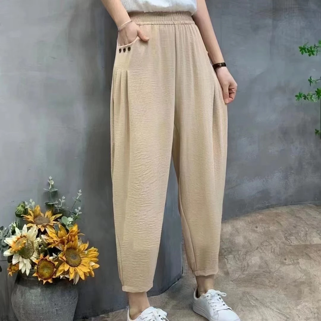 女士夏季妈妈裤9分裤大码宽松萝卜裤显瘦高腰中老年百搭时尚透气