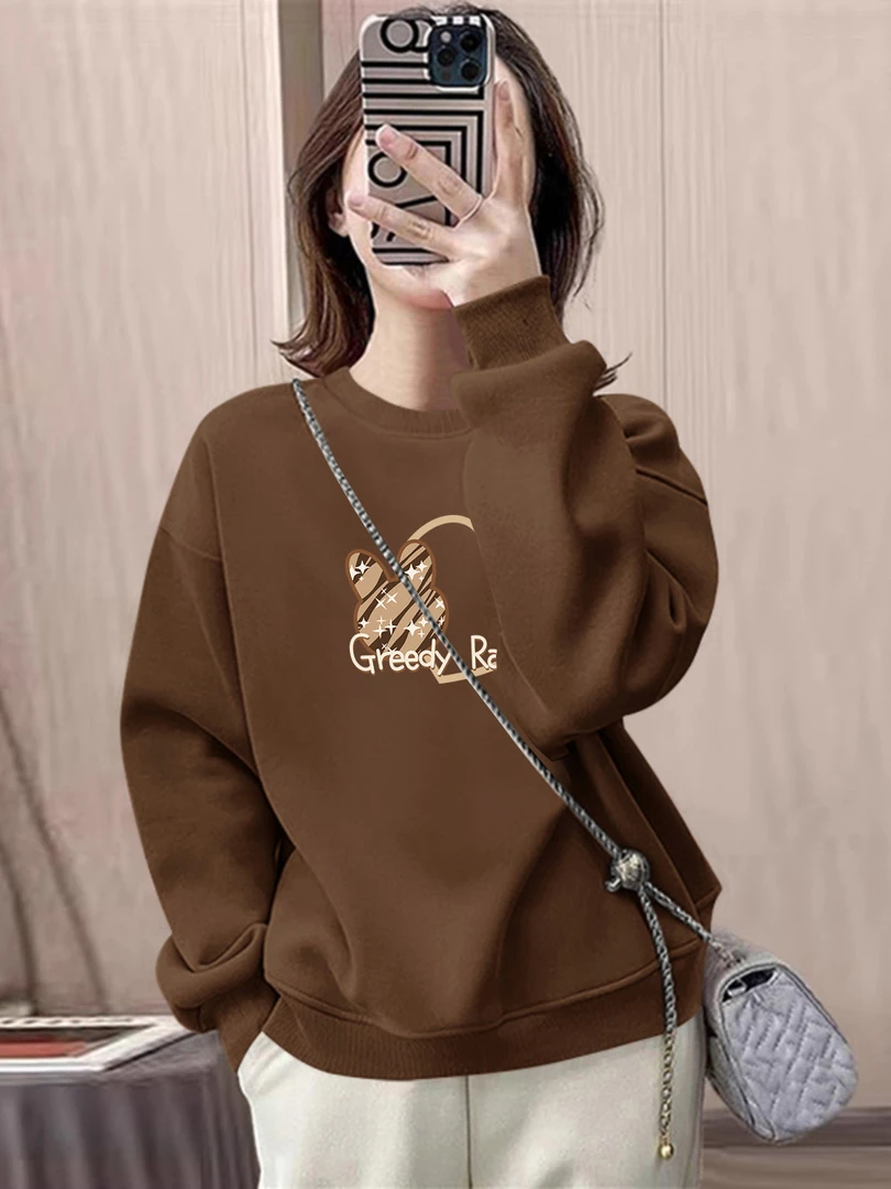 时尚洋气圆领卫衣女春秋冬加绒2023新款薄款套头百搭长袖上衣ins