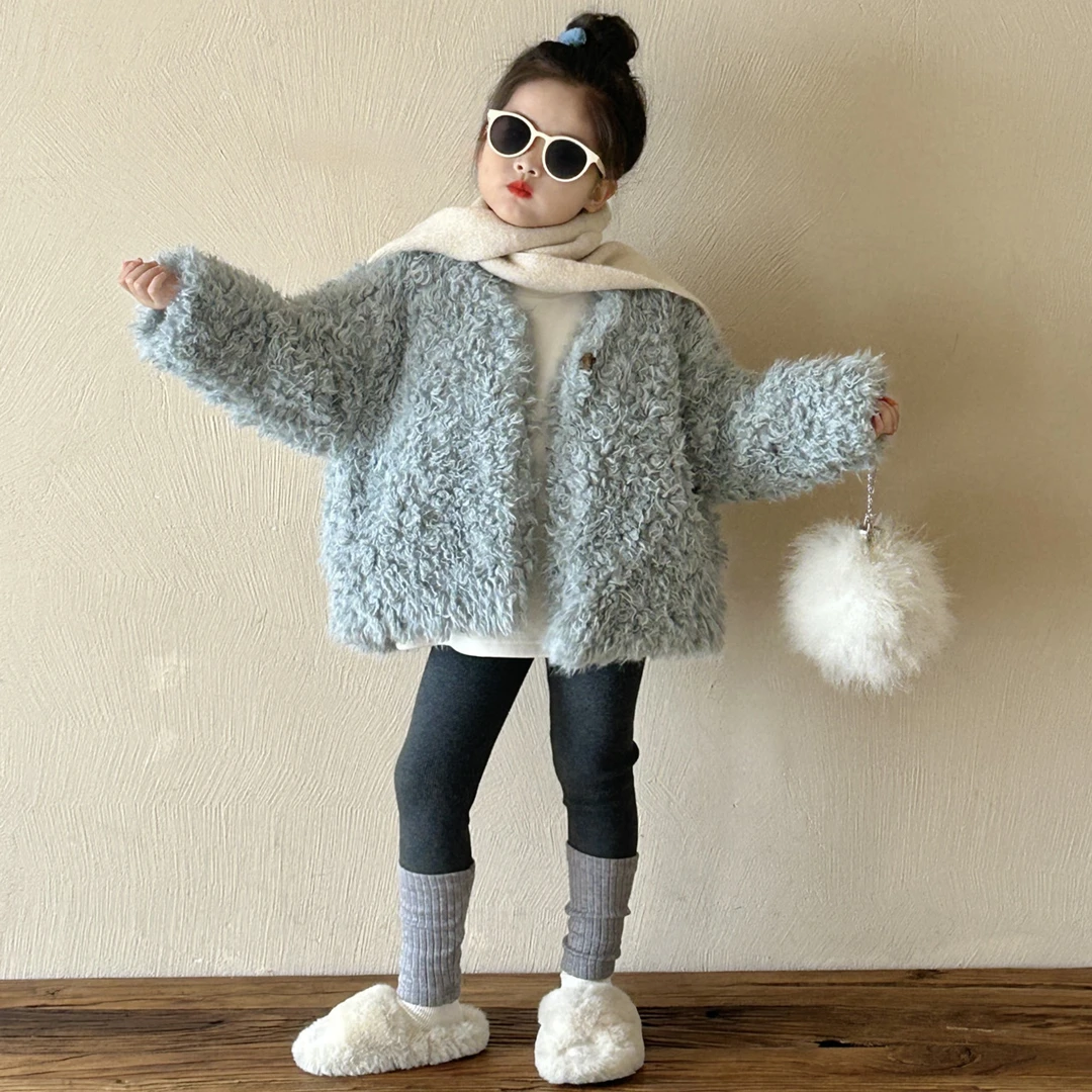 2024冬季款韩版女童洋气蓝色卷毛加厚气质夹棉毛毛衣外套气质休闲