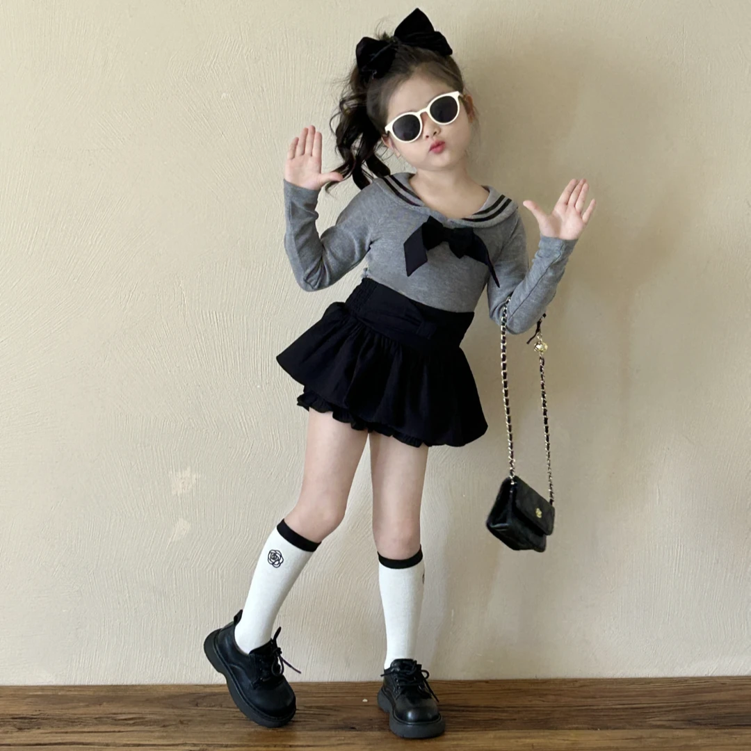 2024秋季款童装女童韩版学院风海军领灰色长袖T恤黑色花苞半身裙