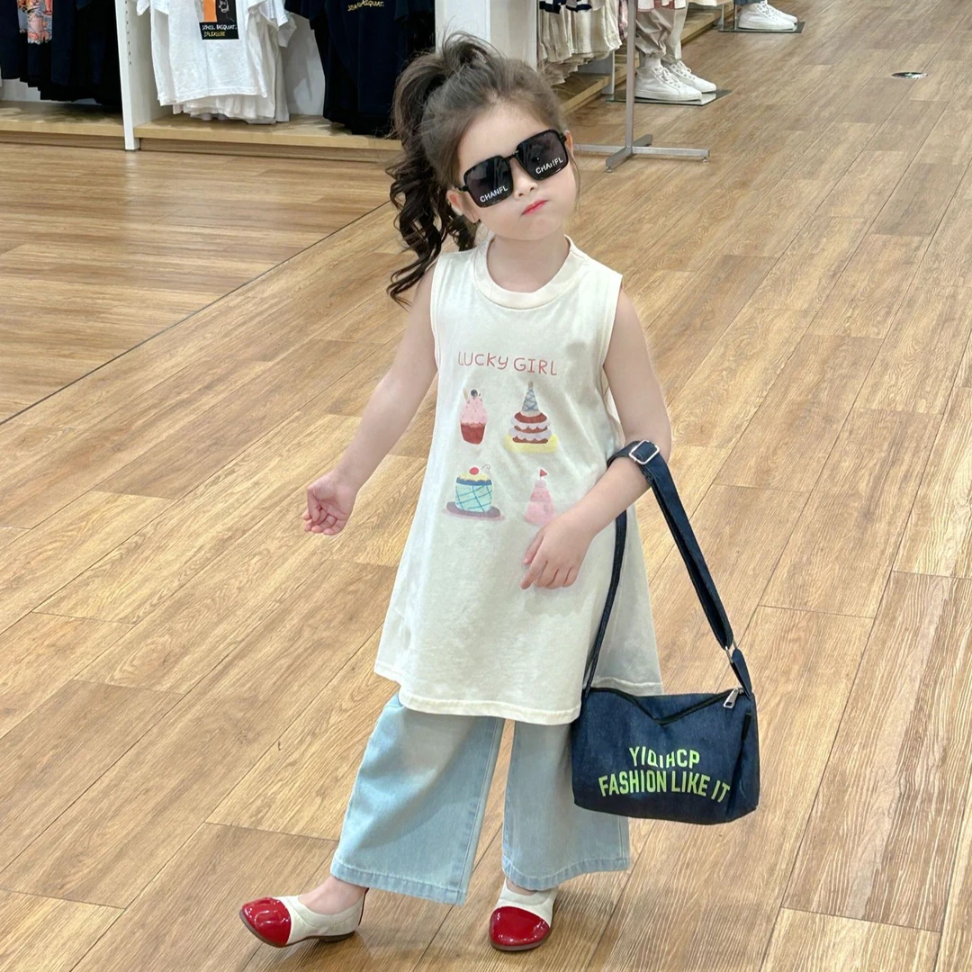 2024夏季新款童装韩版女童可爱卡通印花长款T恤宝宝后背开叉T恤