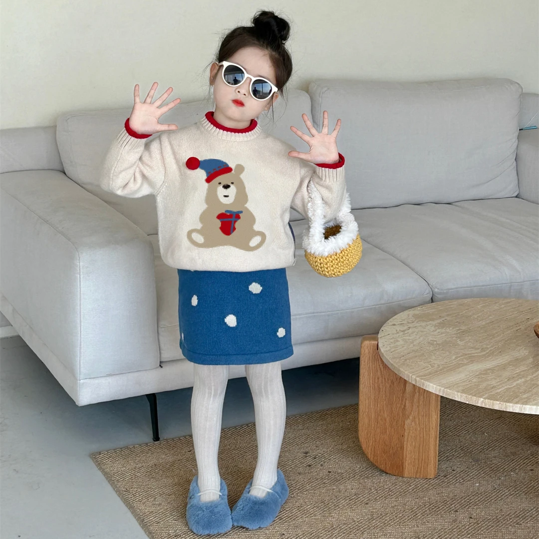 2024冬季款女童韩版可爱卡通小熊毛衣波点针织半身裙新年圣诞款