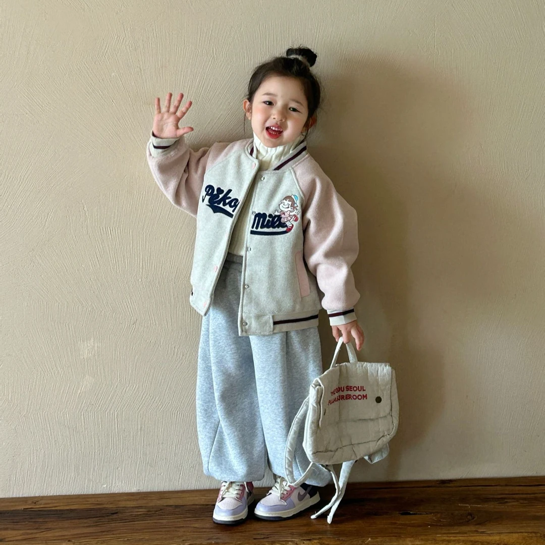 2024冬季新款韩版儿童拼色夹棉呢子棒球服女宝加厚刺绣棒球服外套