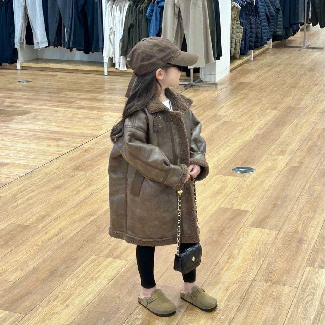 2024冬季款儿童皮毛一体外套男女童加绒加厚时髦美拉德中长款大衣