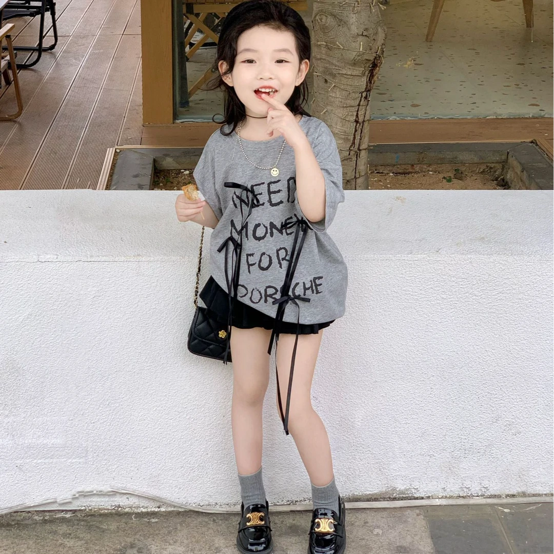 2024夏季新款女童韩版蝴蝶结宽松圆领休闲上衣百搭慵懒风短袖