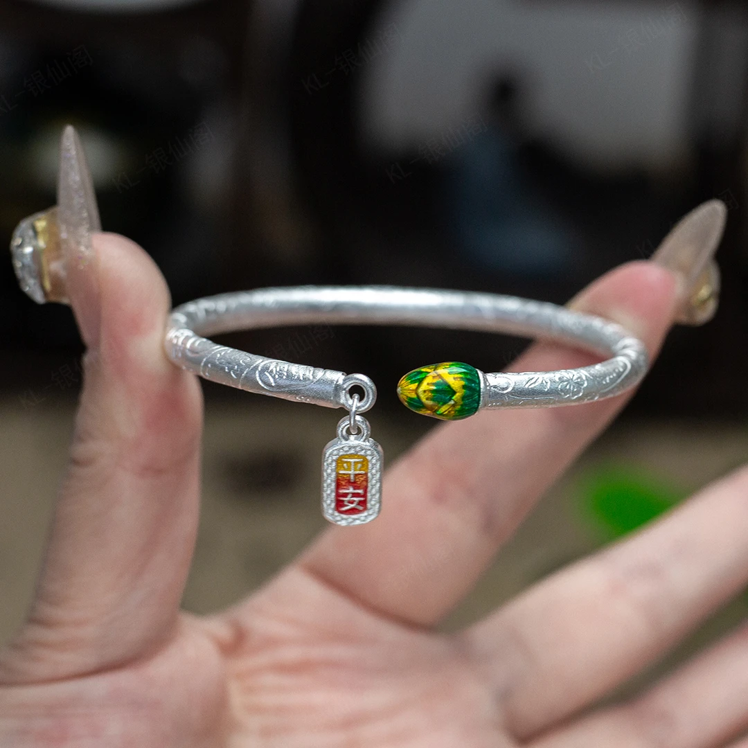 足银手镯 足银999复古国风古风平安吉言两世欢纯银手镯 实心dyj