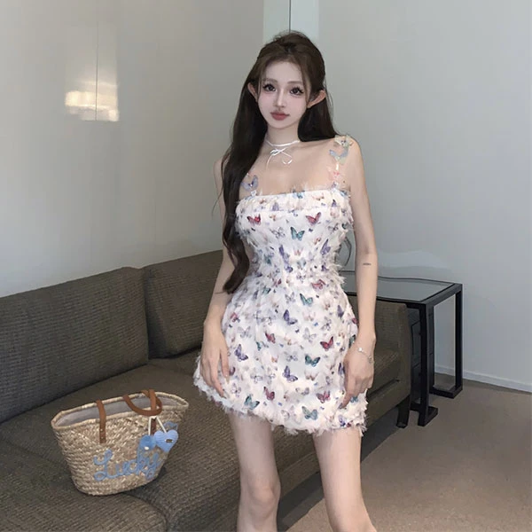 法式甜辣妹重工立体蝴蝶吊带连衣裙夏季设计感印花收腰显瘦短裙