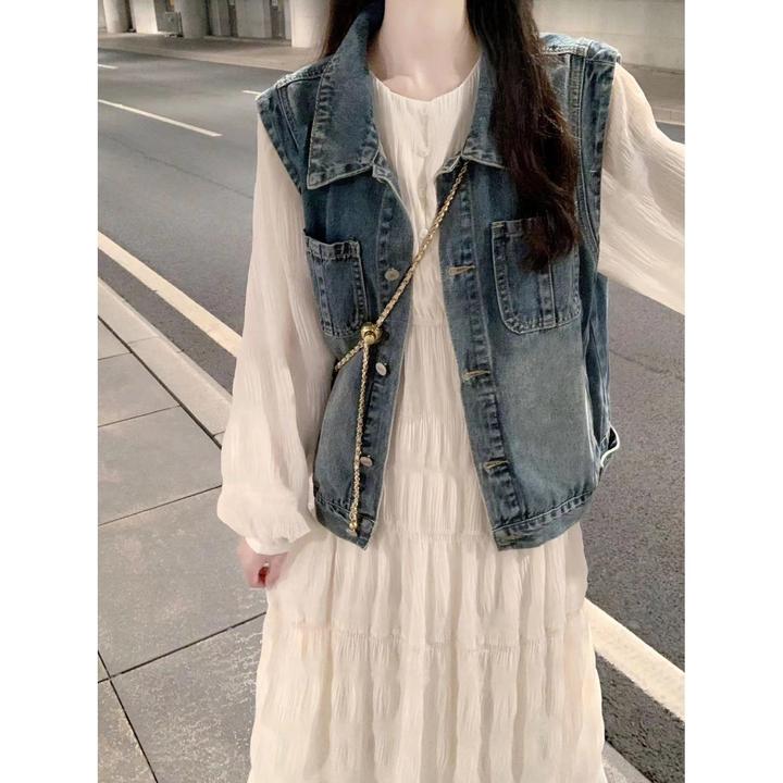 春夏装新款女2024茶系穿搭一整套时尚高级感牛仔马甲连衣裙子套装