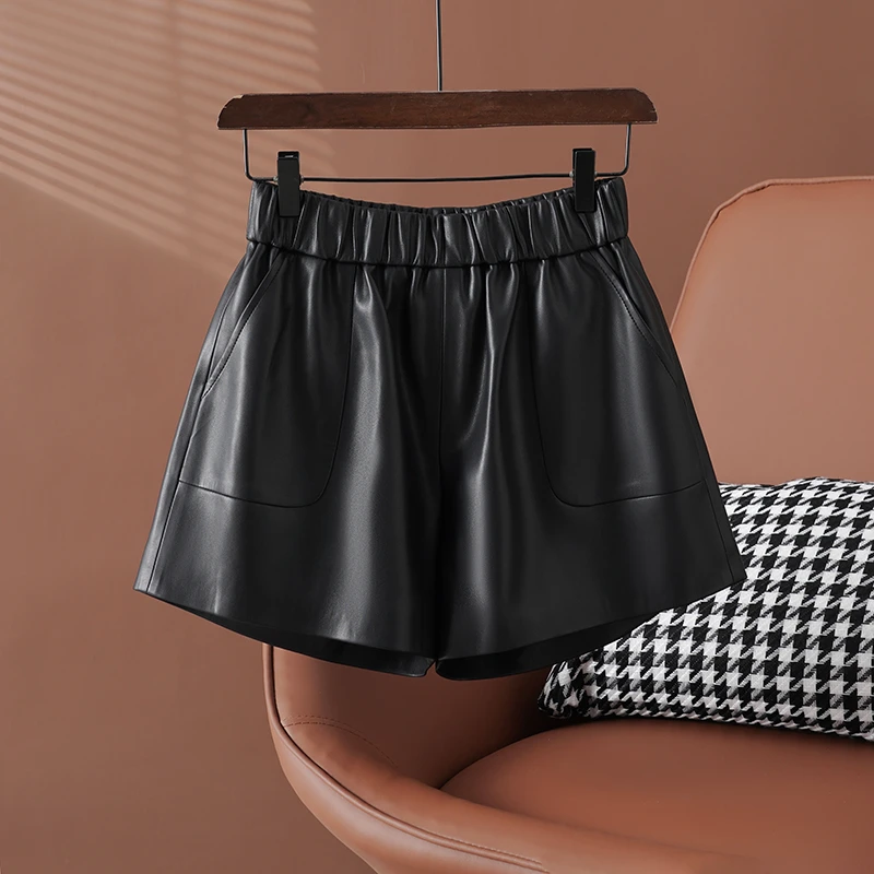 2024春季新款海宁皮裤女短裤高腰宽松阔腿a字外穿百搭皮靴裤