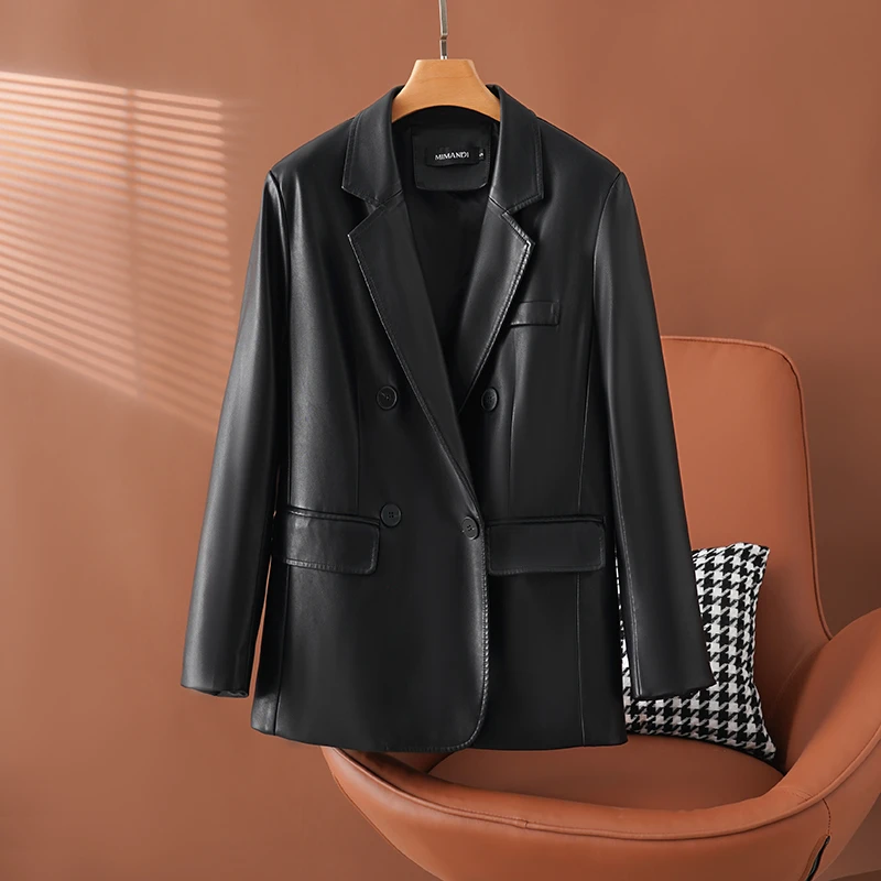 【依依】2025年春季新款海宁正品皮西服女宽松皮夹克皮衣女外套上衣