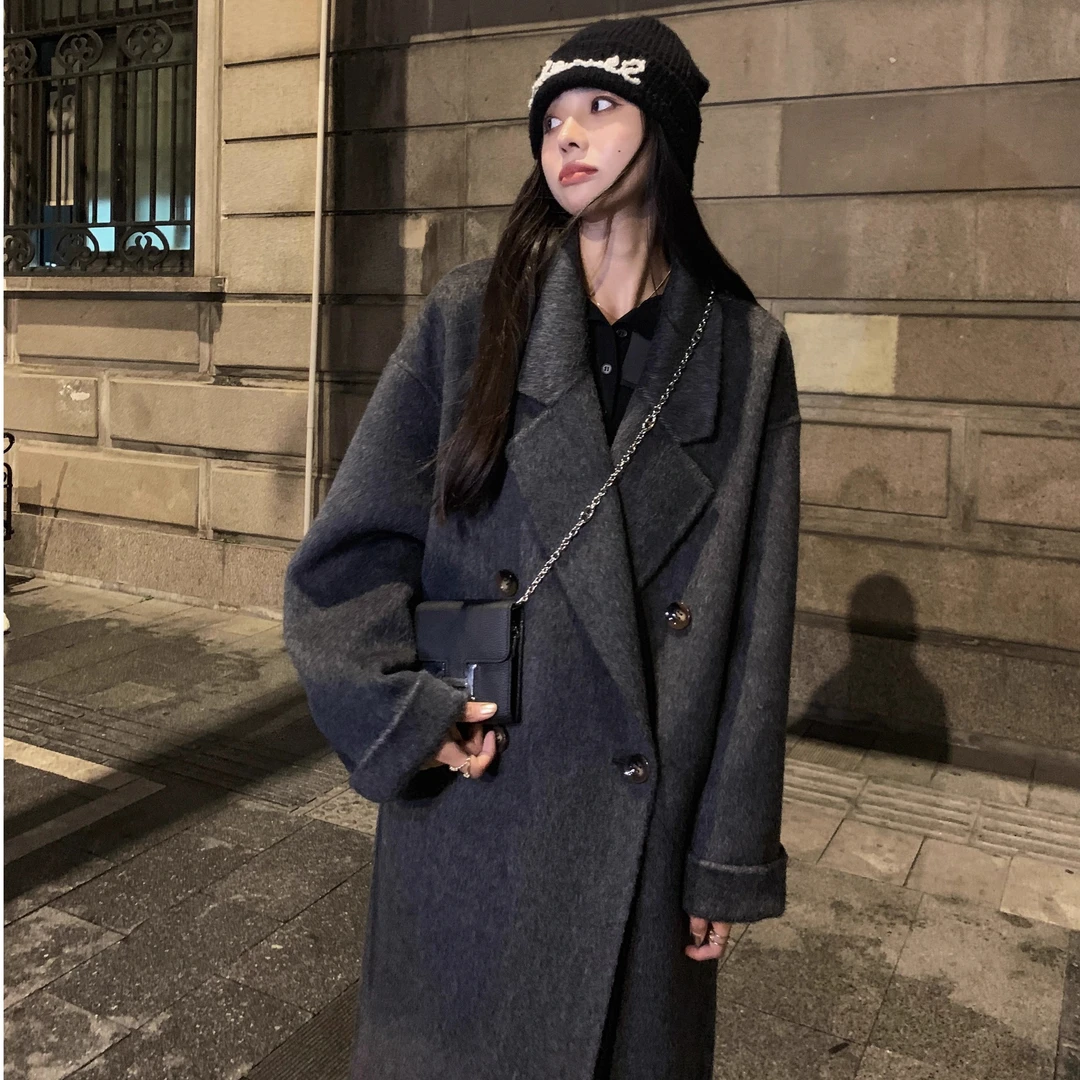 木炭灰小个子韩系高贵气质双面呢大衣气质宽松秋冬女毛呢子外套